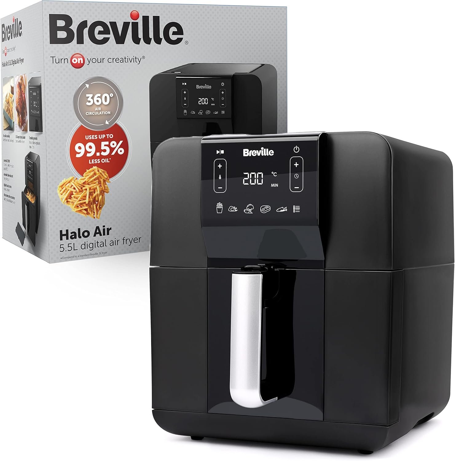 Breville Halo Air Fryer | Digital Large Air Fryer Oven | 5.5 L | Fry, Bake, Roast & Grill | 1700 W | Energy Efficient | Black